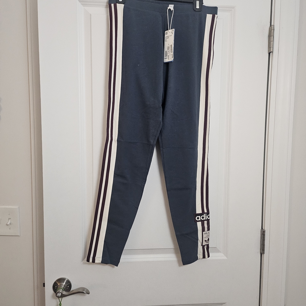 Rare Adidas Women's Blue Leggings with White and Black Stripes Limited Edition